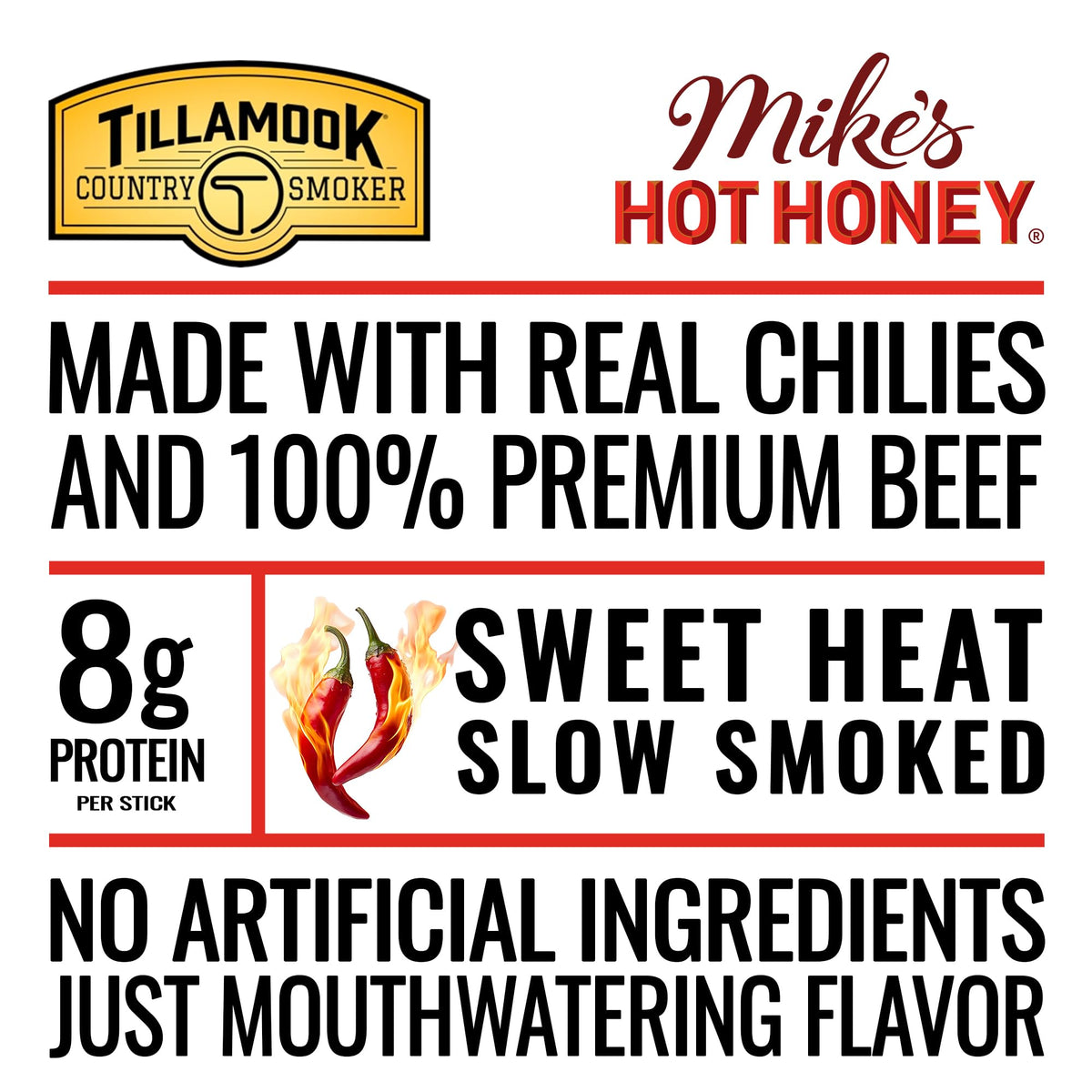 Tillamook Country Smoker Mike’s Hot Honey Beef Sticks – 24 Pack, 1 oz Each, Hardwood Smoked