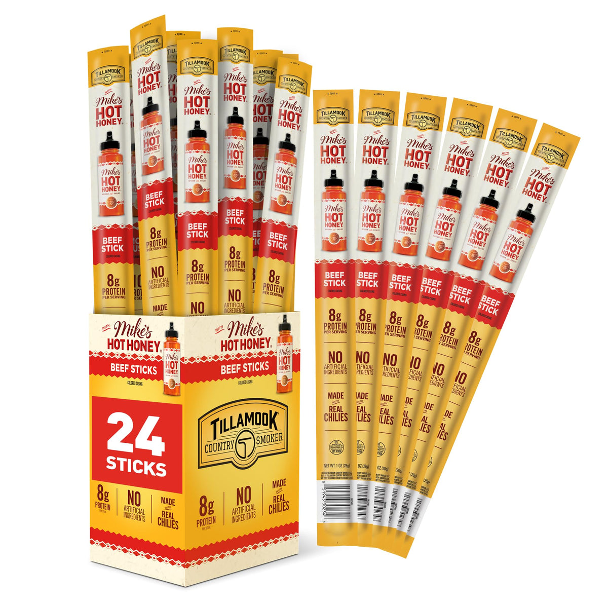Tillamook Country Smoker Mike’s Hot Honey Beef Sticks – 24 Pack, 1 oz Each, Hardwood Smoked