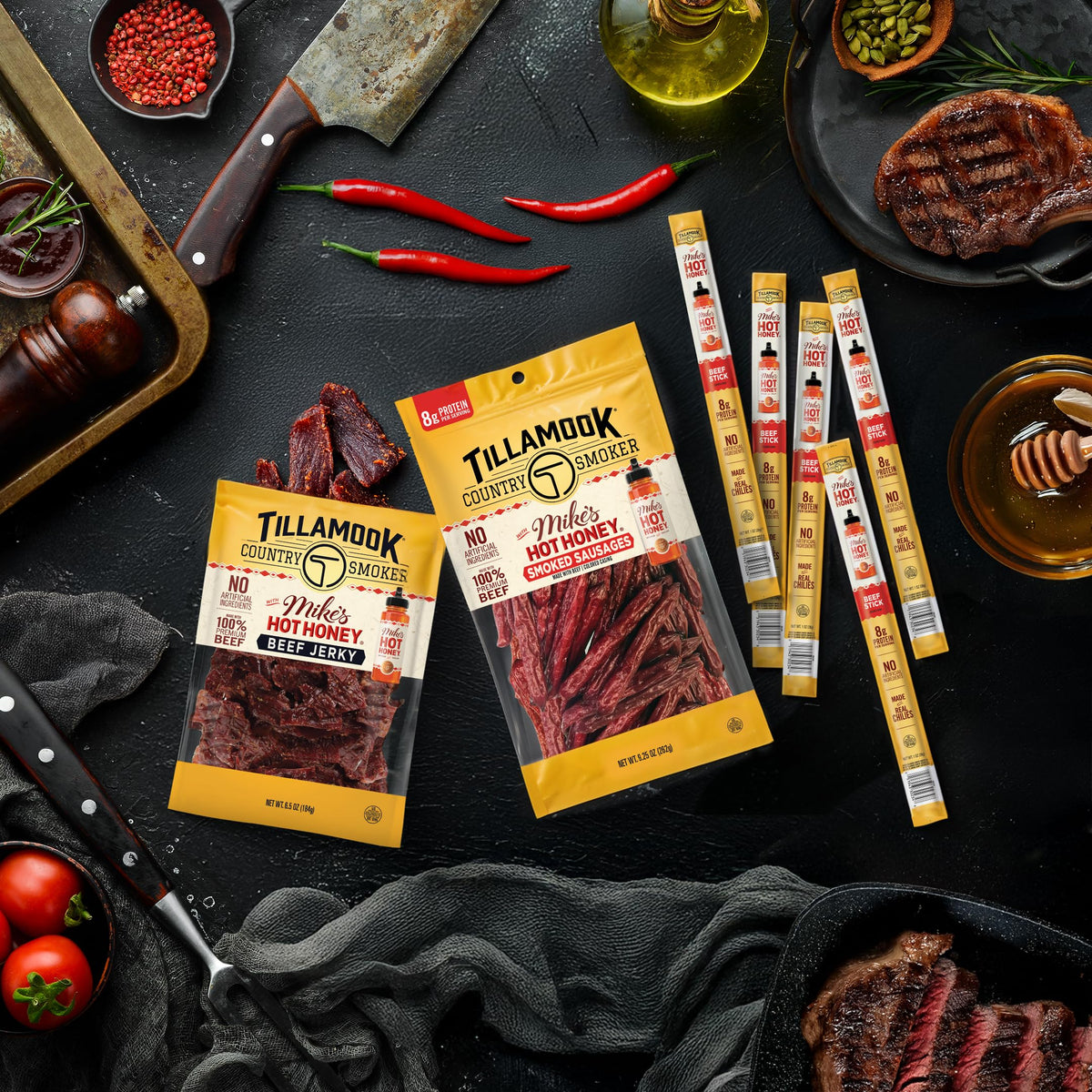 Tillamook Country Smoker Mike’s Hot Honey Beef Sticks – 24 Pack, 1 oz Each, Hardwood Smoked