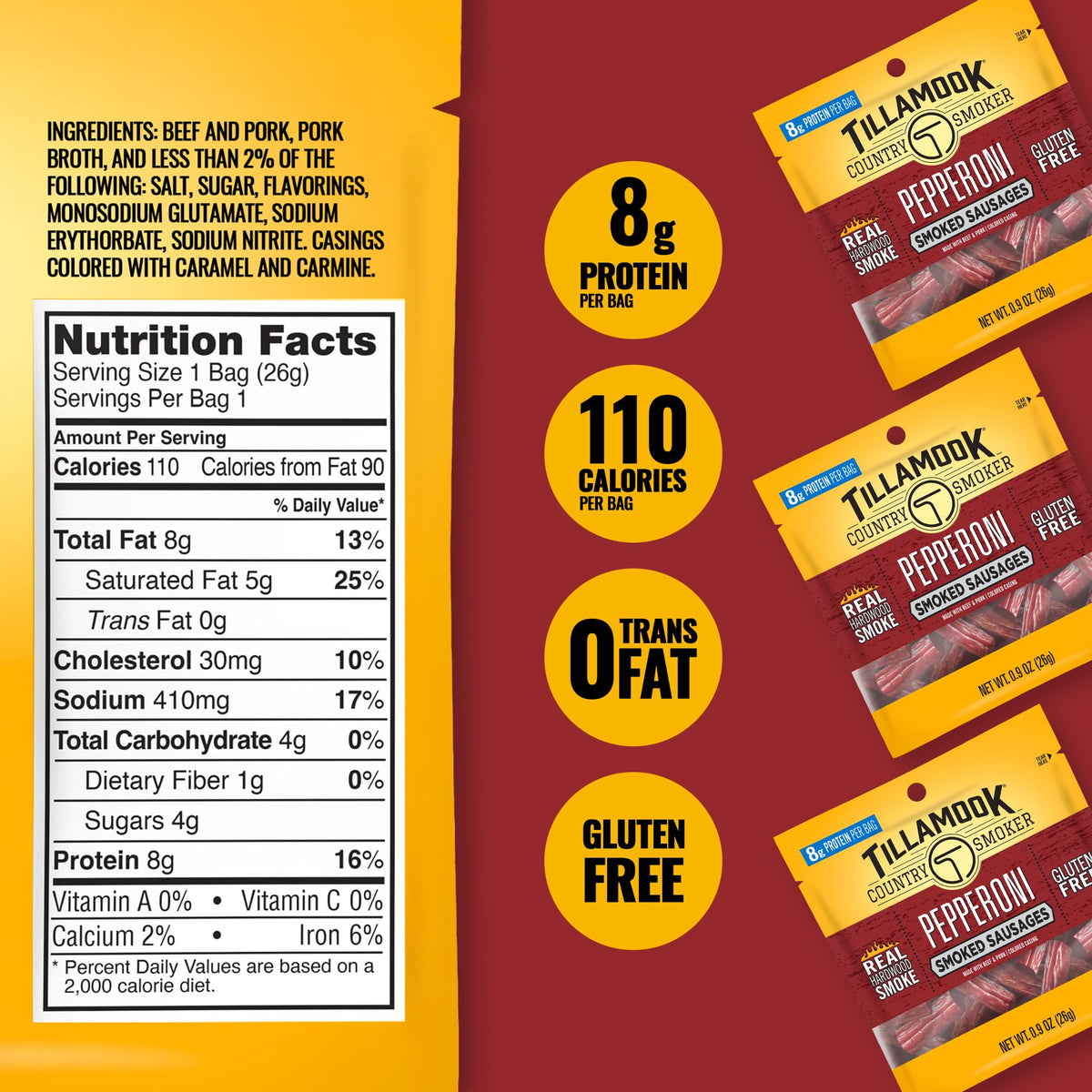 Tillamook Country Smoker Pepperoni Smoked Sausages – Real Hardwood, 8g Protein