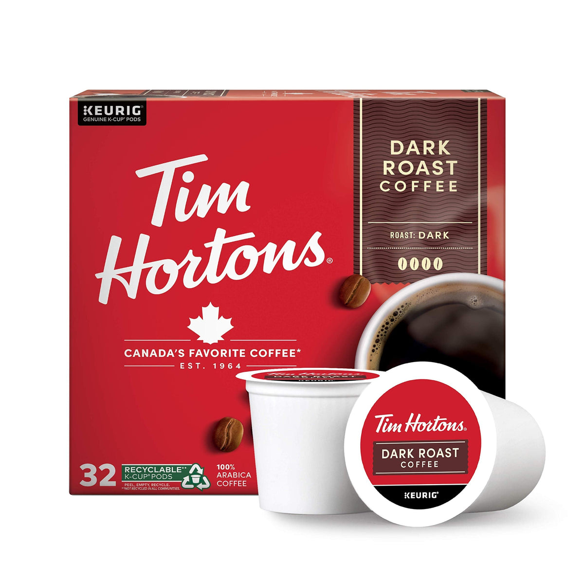 Tim Hortons Dark Roast Coffee Pods - Keurig Compatible, 32-Count K-Cups, Red