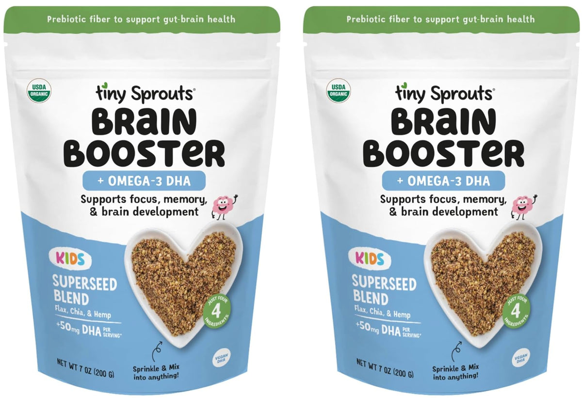 Tiny Sprouts Organic Milled Flax, Chia & Hemp Seeds Brain Booster + Vegan Omega-3 DHA | Kids Focus & Learning Support | 7 oz x 2 Pack