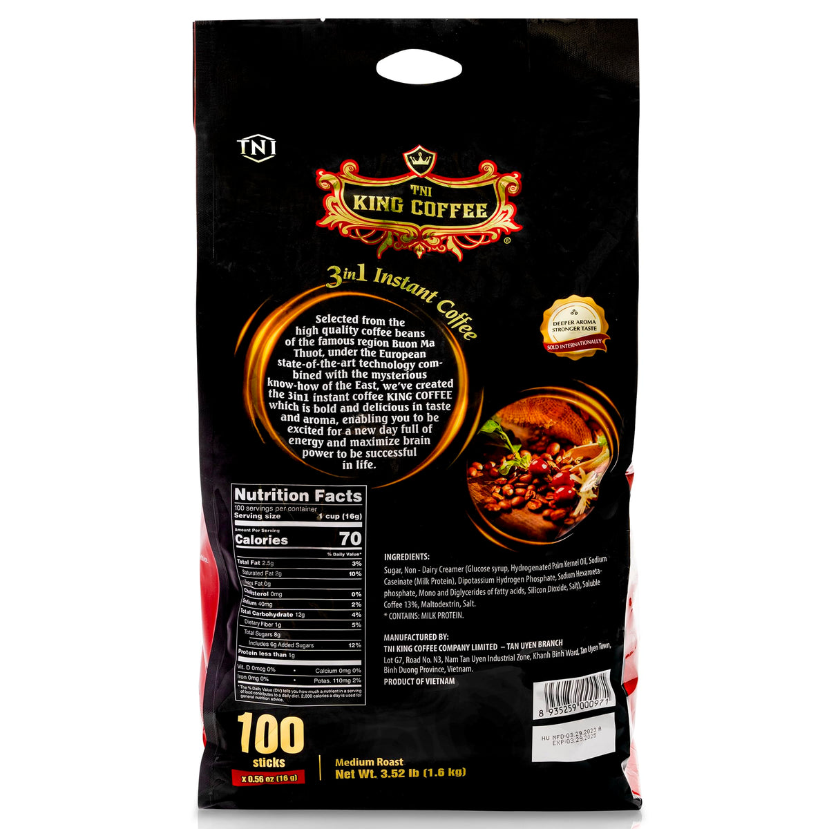 TNI King Coffee 3 in 1 Instant Vietnamese Coffee — 100 Single-Serve Packets