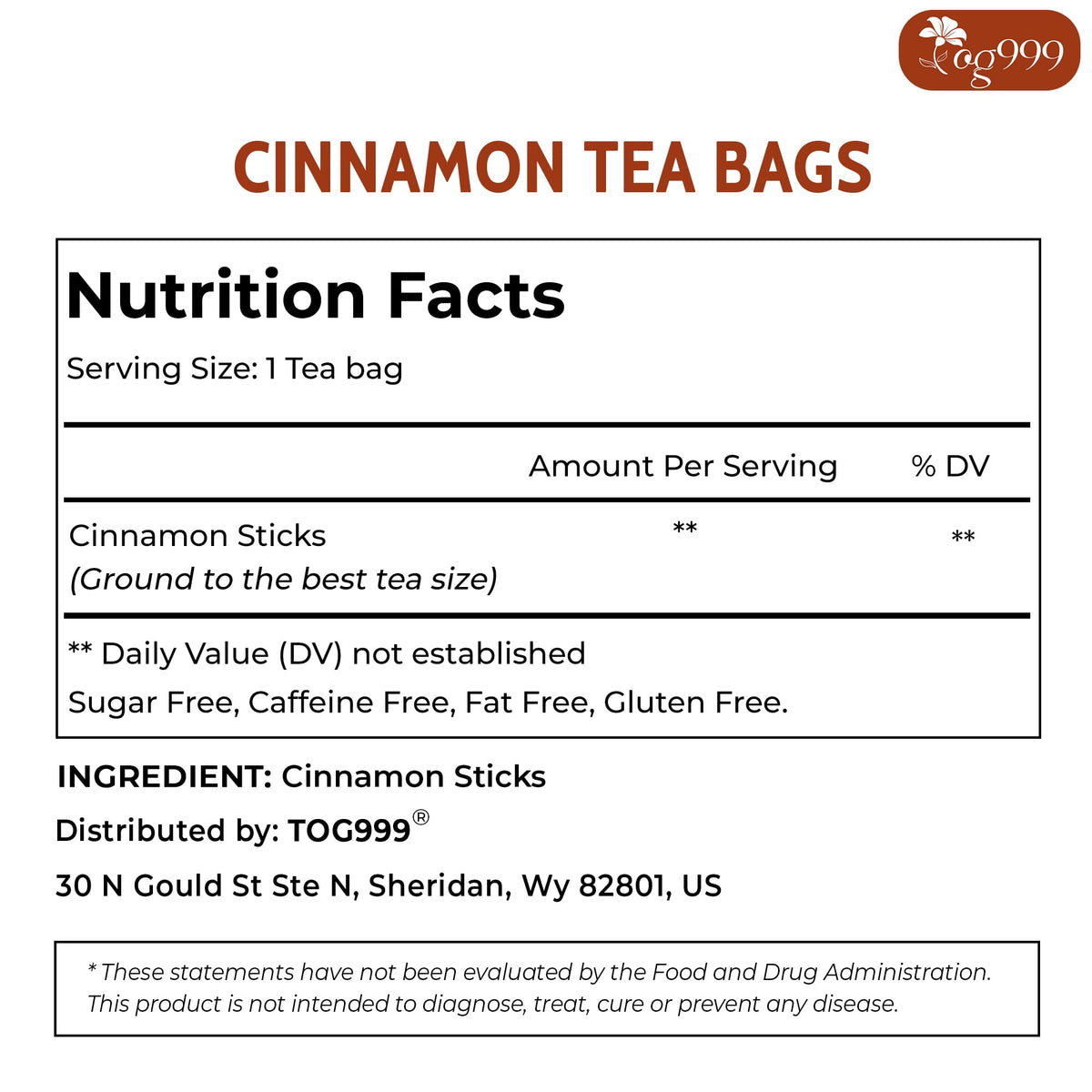 TOG999 Premium Cinnamon Tea Bags – 135 Count, 100% Natural, Caffeine-Free, Gluten-Free, Vegan