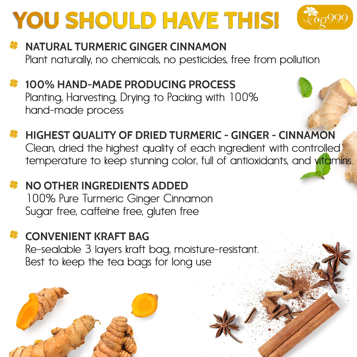 TOG999 120 Bags Premium Turmeric Ginger Cinnamon Tea – Digestive Comfort, Brain Support, Restful Sleep