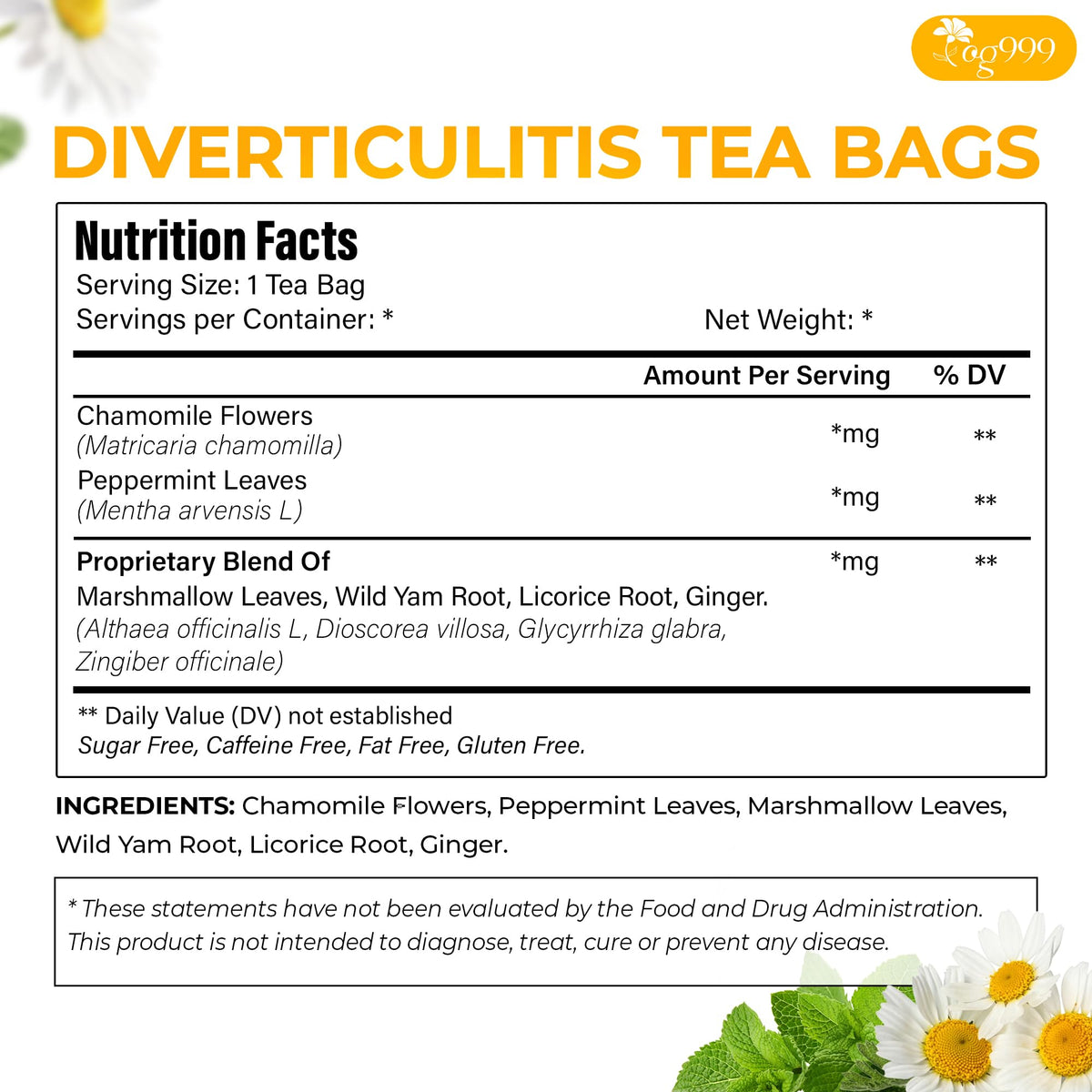 TOG999 Diverticulitis Tea Bags – 80 Count, 100% Natural Herbal Blend, Caffeine-Free & Vegan