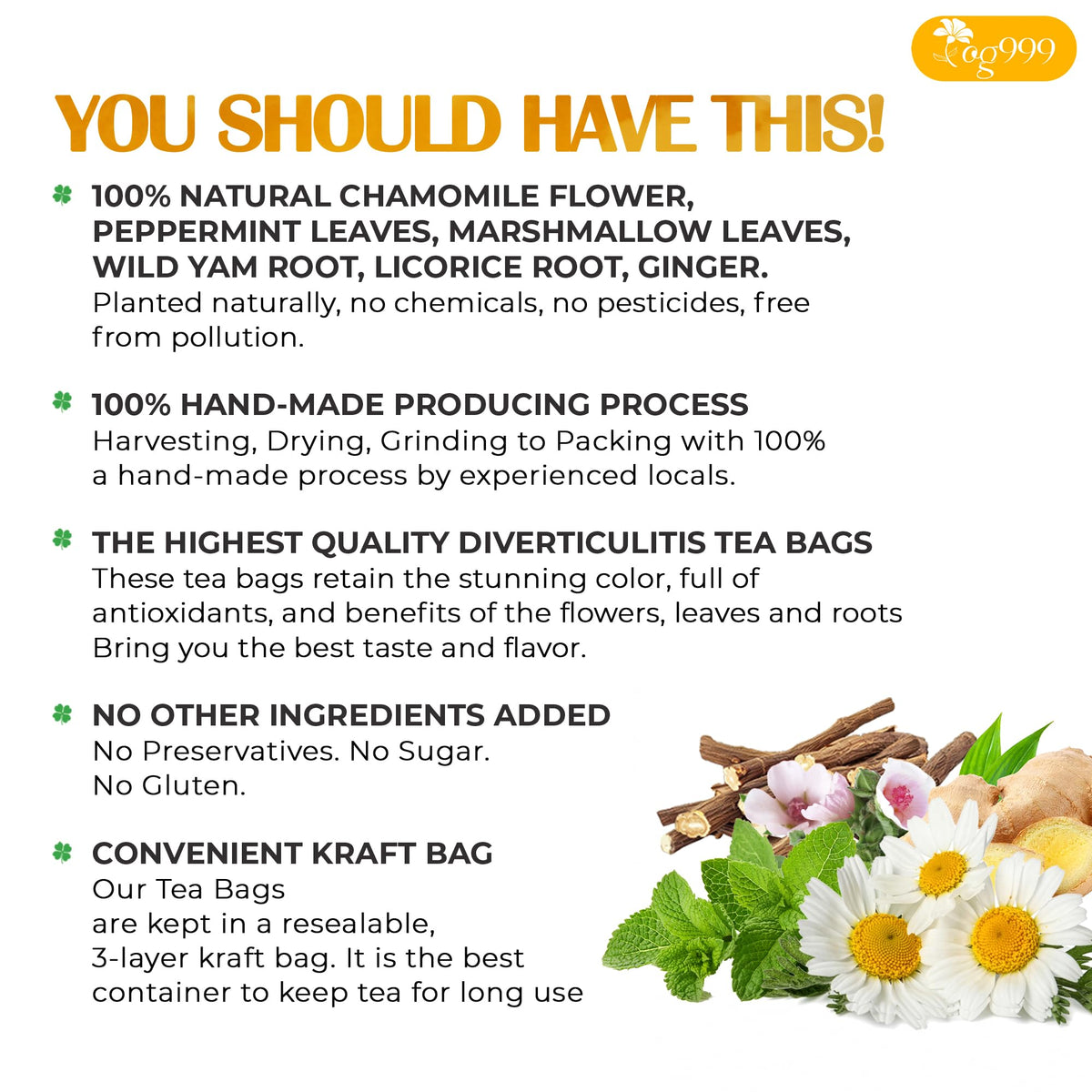 TOG999 Diverticulitis Tea Bags – 80 Count, 100% Natural Herbal Blend, Caffeine-Free & Vegan