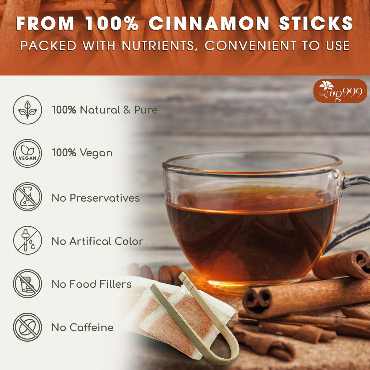 TOG999 Premium Cinnamon Tea Bags – 135 Count, 100% Natural, Caffeine-Free, Gluten-Free, Vegan