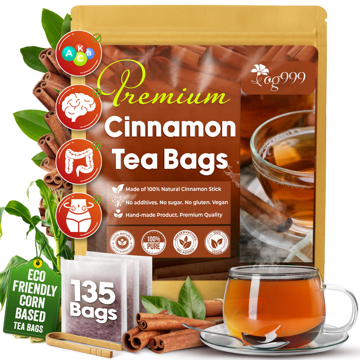 TOG999 Premium Cinnamon Tea Bags – 135 Count, 100% Natural, Caffeine-Free, Gluten-Free, Vegan