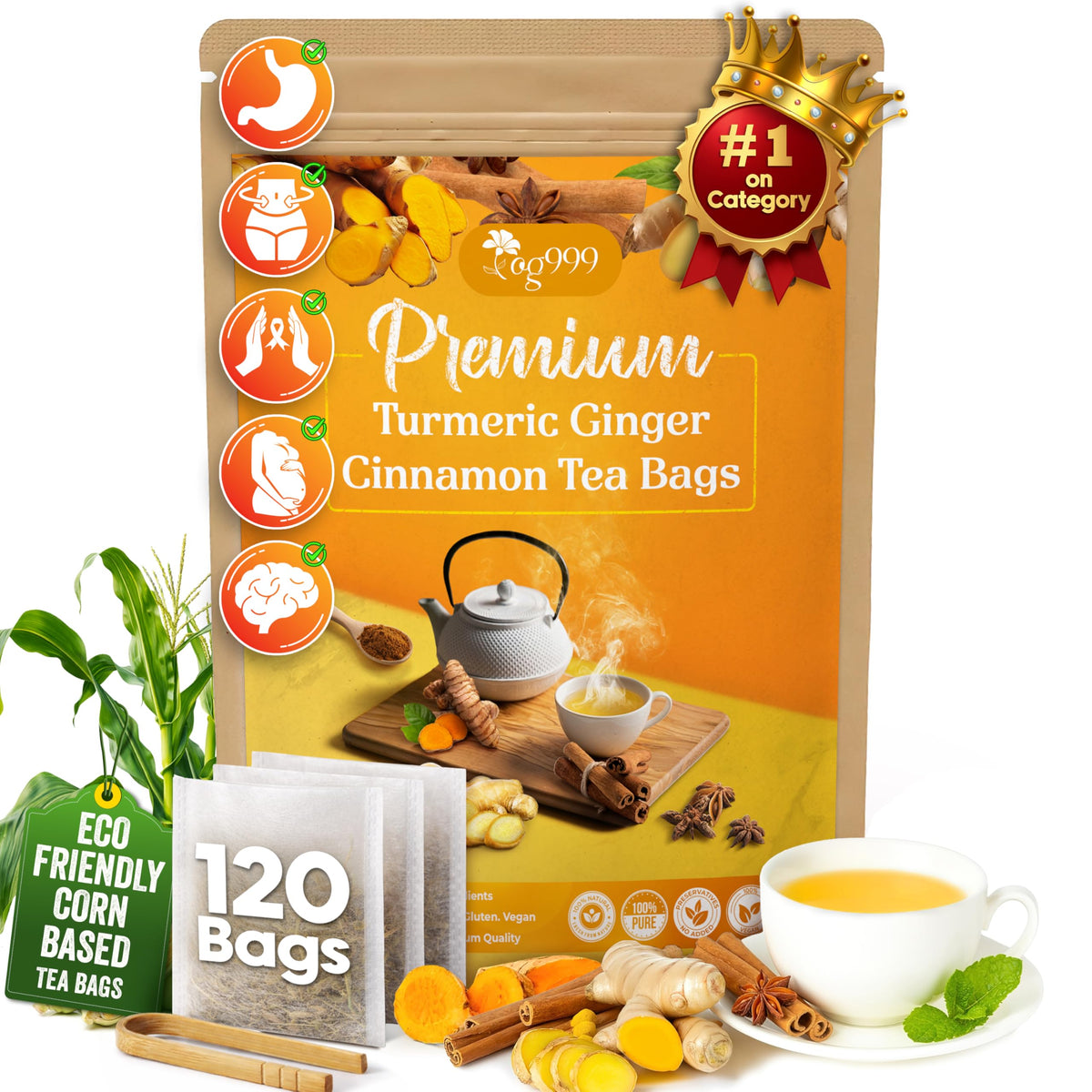 TOG999 120 Bags Premium Turmeric Ginger Cinnamon Tea – Digestive Comfort, Brain Support, Restful Sleep