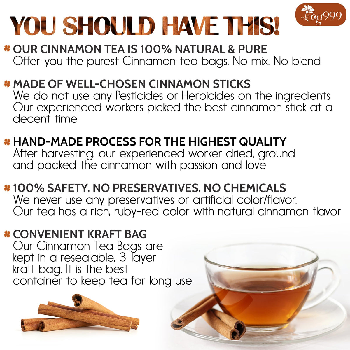 TOG999 Premium Cinnamon Tea Bags – 135 Count, 100% Natural, Caffeine-Free, Gluten-Free, Vegan