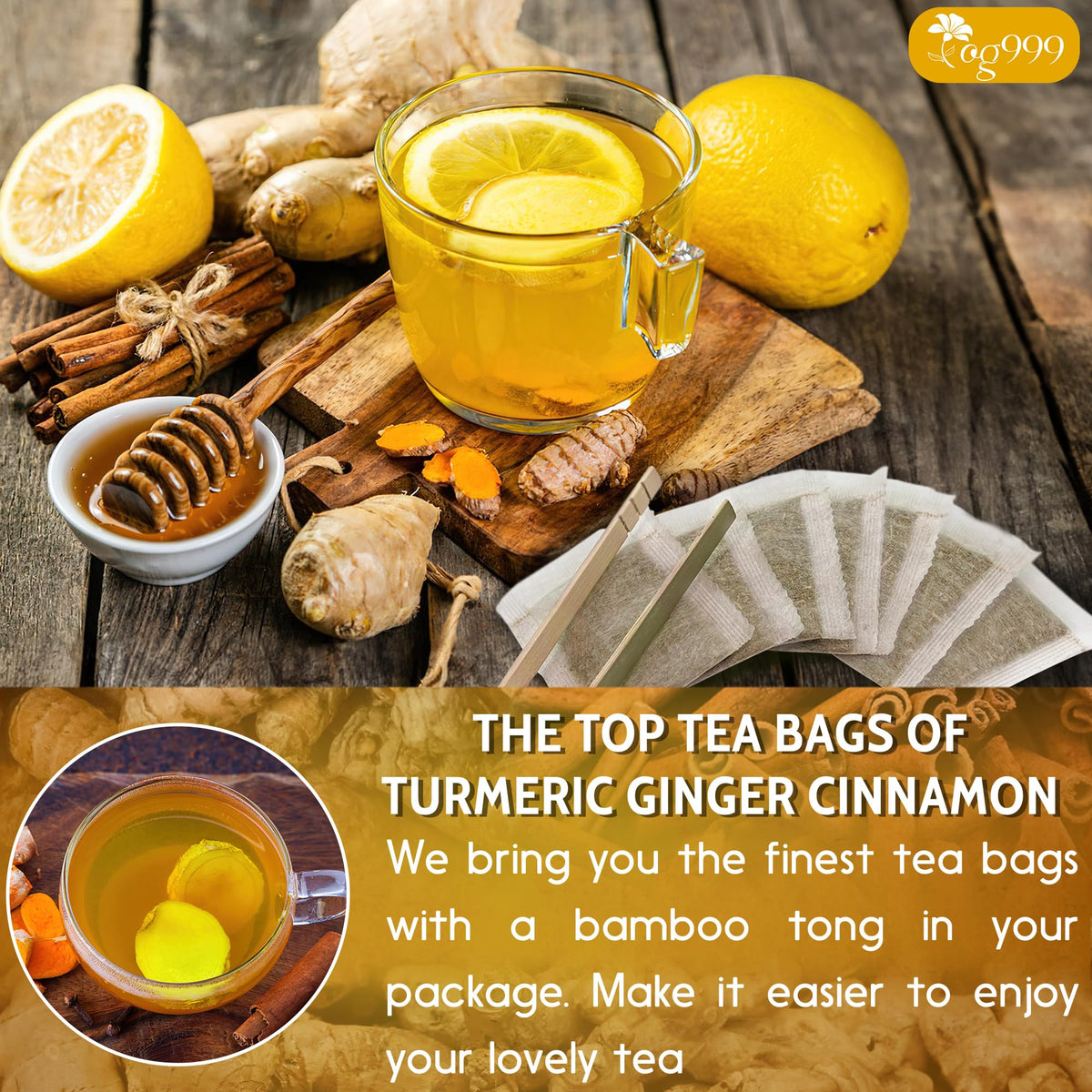 TOG999 Premium Turmeric Ginger Cinnamon Tea Bags – 200 Count, Caffeine-Free, Vegan