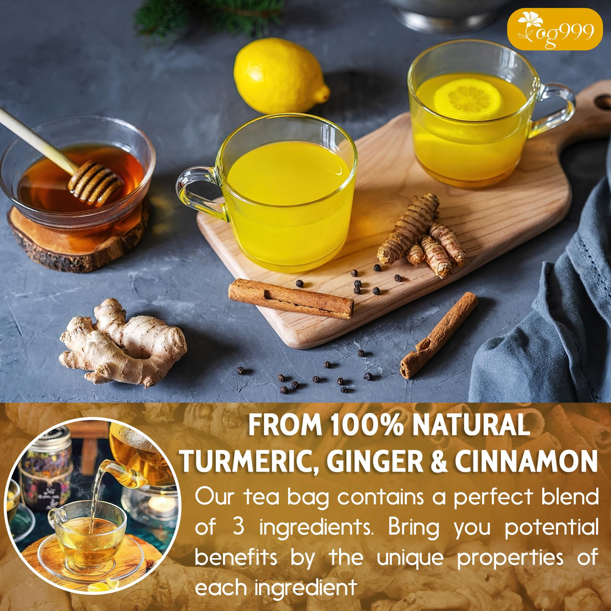 TOG999 120 Bags Premium Turmeric Ginger Cinnamon Tea – Digestive Comfort, Brain Support, Restful Sleep