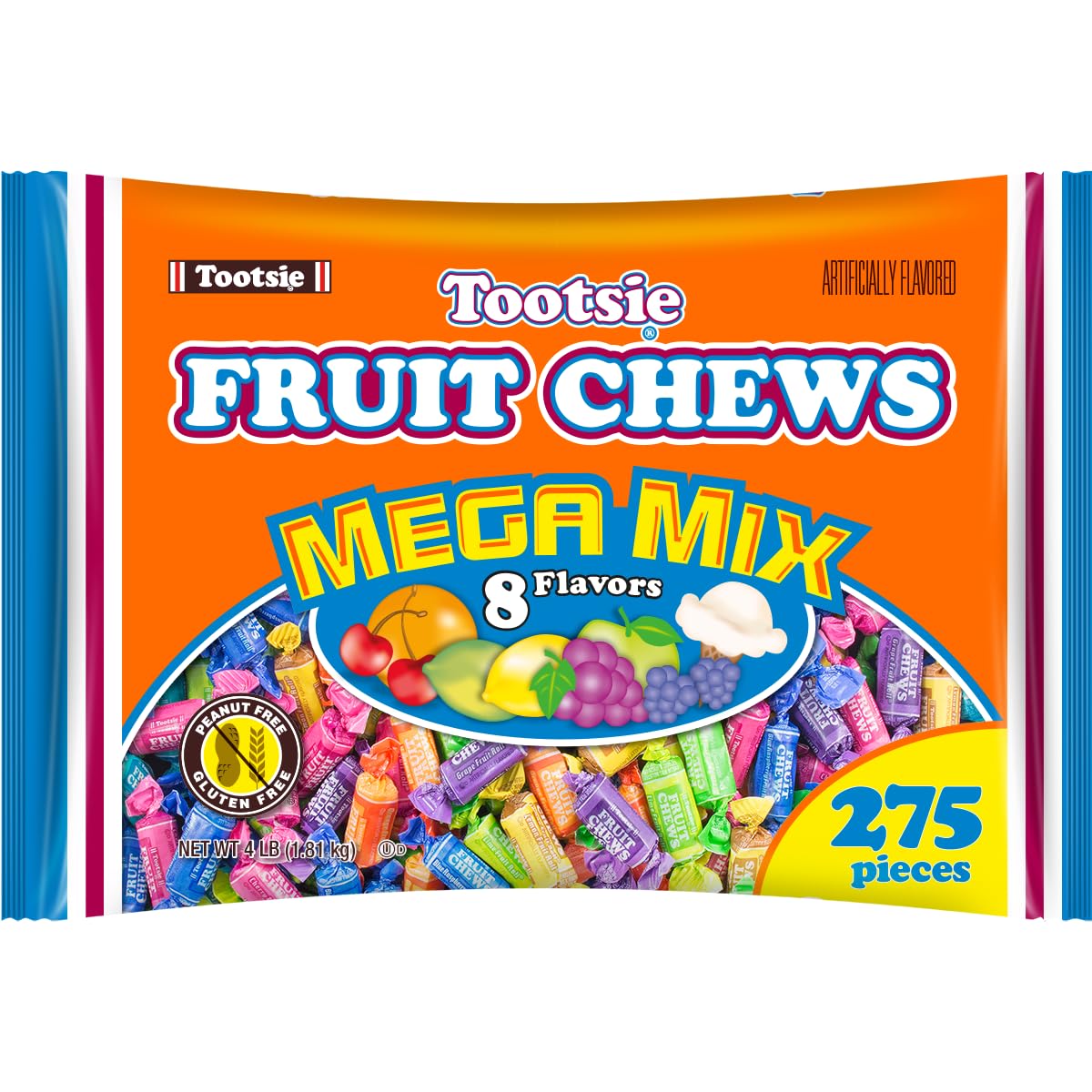 Tootsie Roll Fruit Chews Mega Mix – 4 lb, 8 Flavors, Gluten- and Peanut-Free (275 pcs)