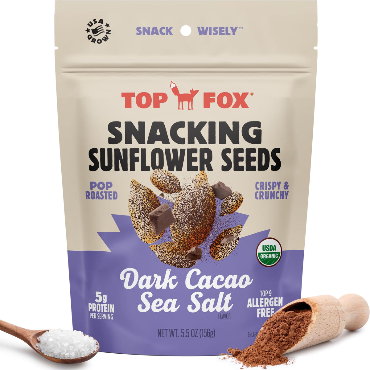 Top Fox Snacks: Dark Cacao Sea Salt Sunflower Seeds – 5.5 oz x 6, Keto, Vegan, Organic