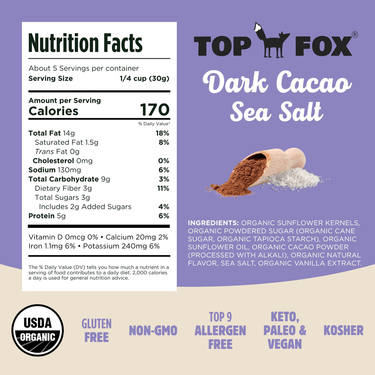 Top Fox Snacks: Dark Cacao Sea Salt Sunflower Seeds – 5.5 oz x 6, Keto, Vegan, Organic