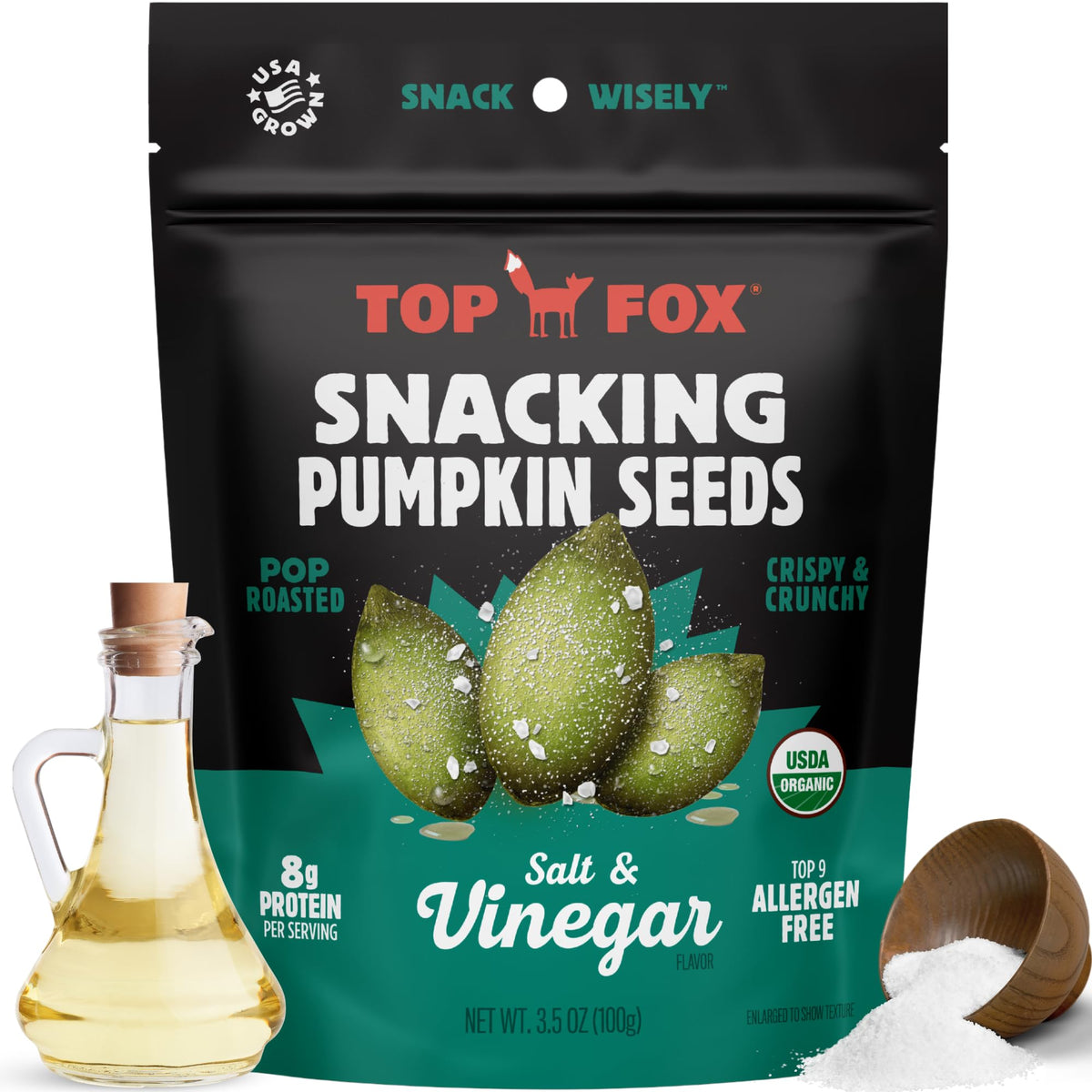 Top Fox Snacks Pumpkin Seeds to Eat Salt & Vinegar – 3.5 oz Pack of 6 | Gluten Free, Keto & Vegan