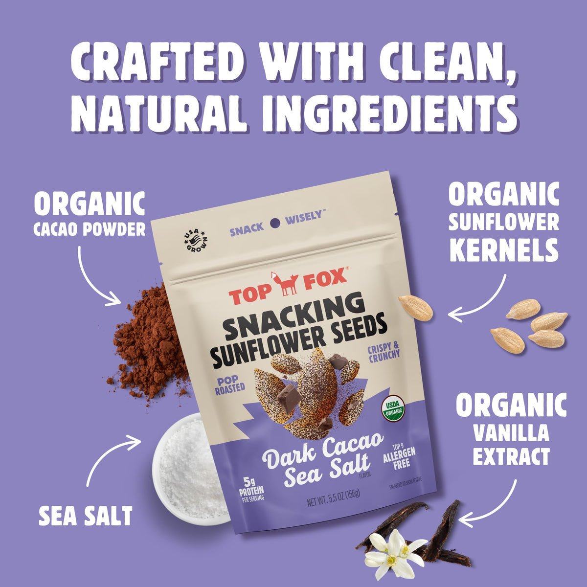 Top Fox Snacks: Dark Cacao Sea Salt Sunflower Seeds – 5.5 oz x 6, Keto, Vegan, Organic