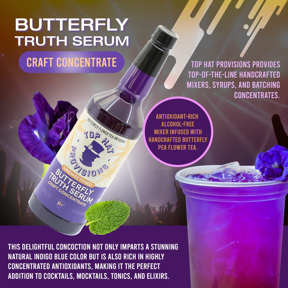 Top Hat Butterfly Truth Serum - Butterfly Pea Flower Extract | Indigo Blue Hue for Drinks - 32oz
