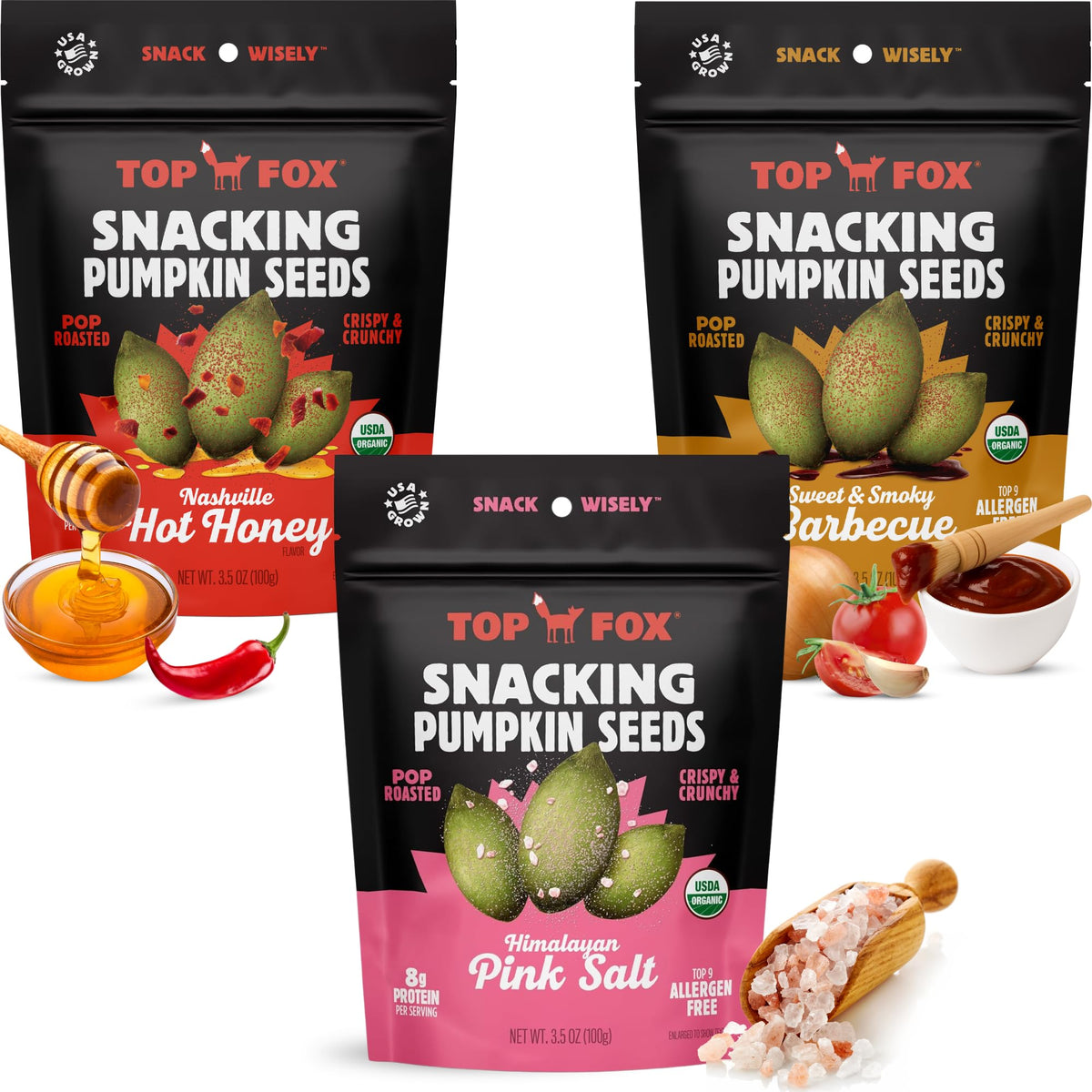 Top Fox Snacks: Pumpkin Seeds to Eat Variety Pack (3.5 oz x6) – Himalayan Salt, Sweet & Smoky Barbecue, Nashville Hot Honey