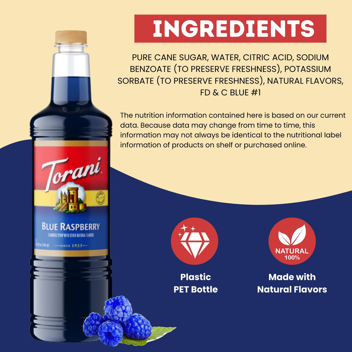 Torani Blue Raspberry Syrup 1L with Pump Dispenser | Pure Cane Sugar & Natural Flavors