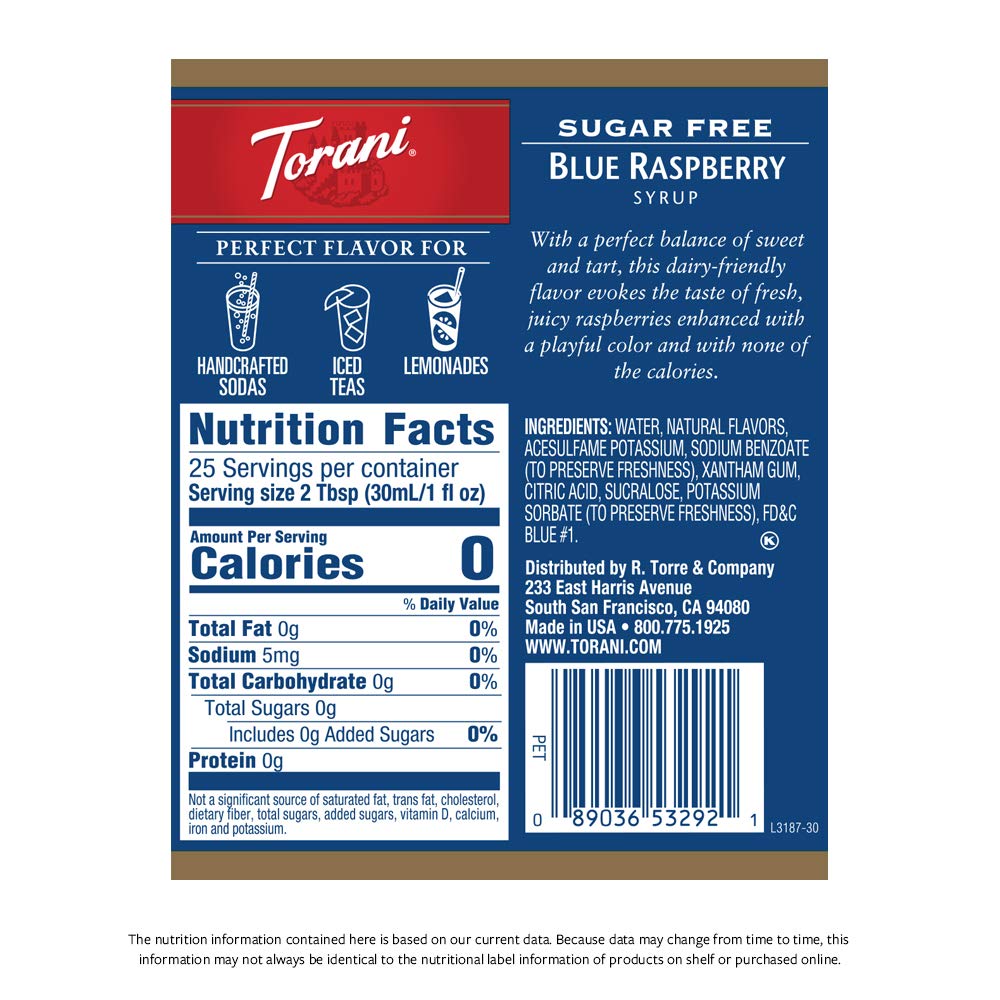 Torani Blue Raspberry Syrup 25.4 oz (4-Pack) – Calorie-Free Flavor for Drinks