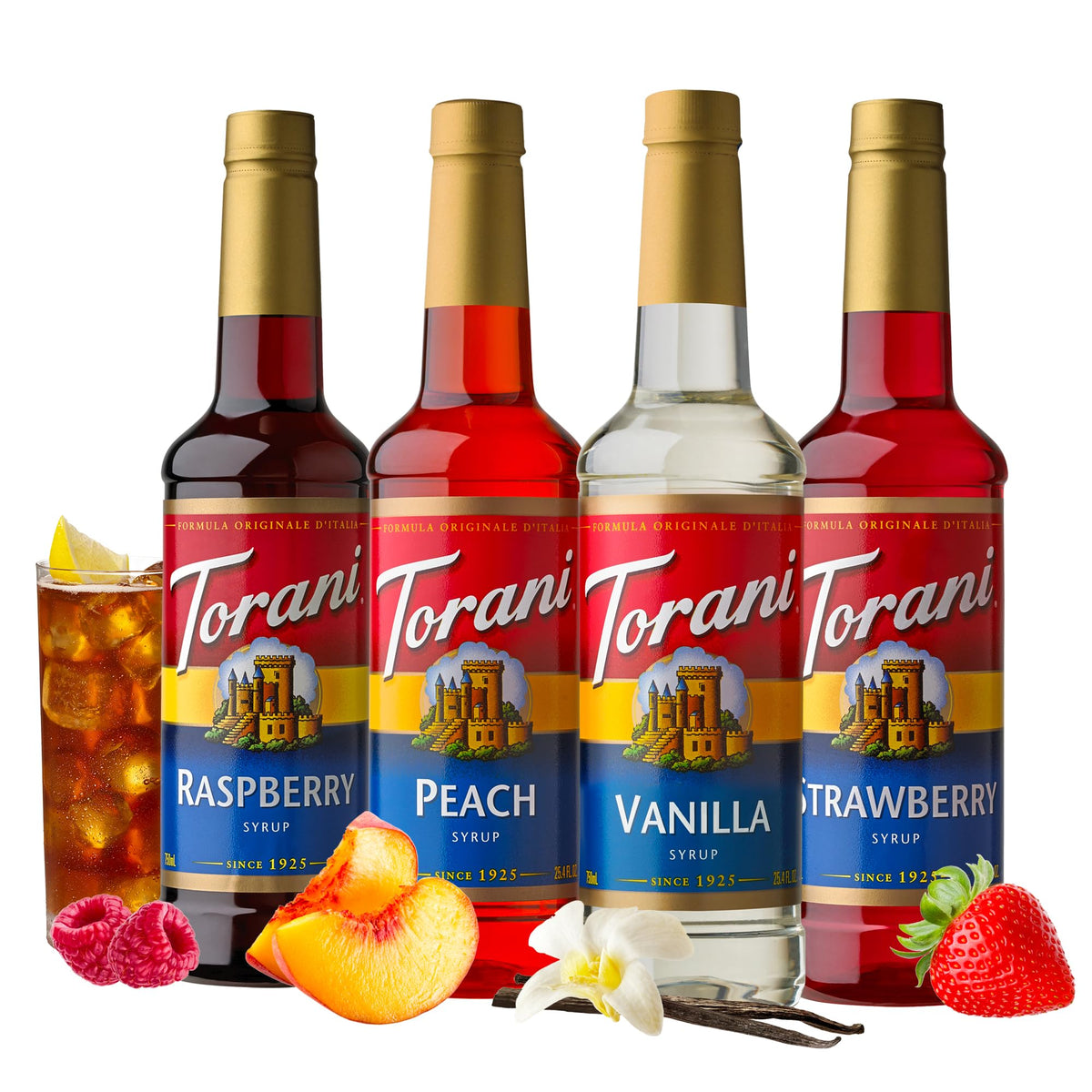 Torani Soda Shop Variety Pack Syrup – Raspberry, Peach, Vanilla & Strawberry (4x25.4 oz)