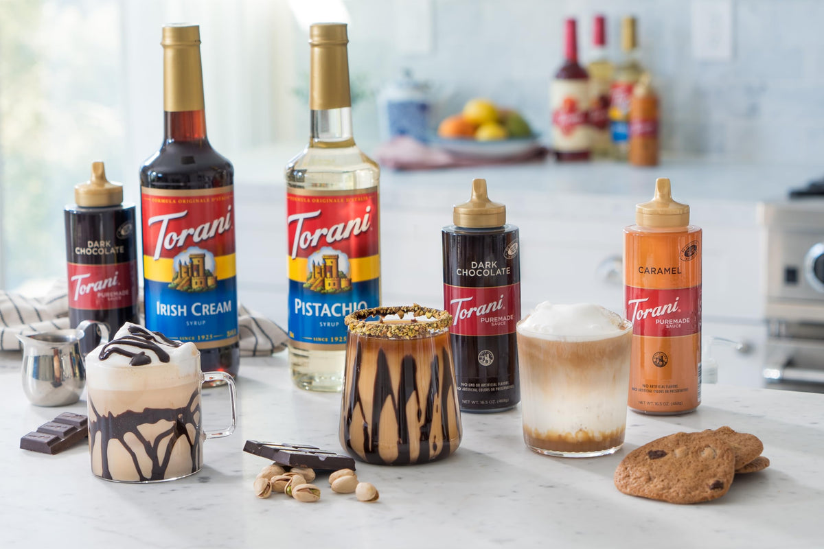 Torani Puremade Dessert & Drink Sauce Variety Pack – Dark Chocolate, White Chocolate & Caramel (16.5 fl oz x4)