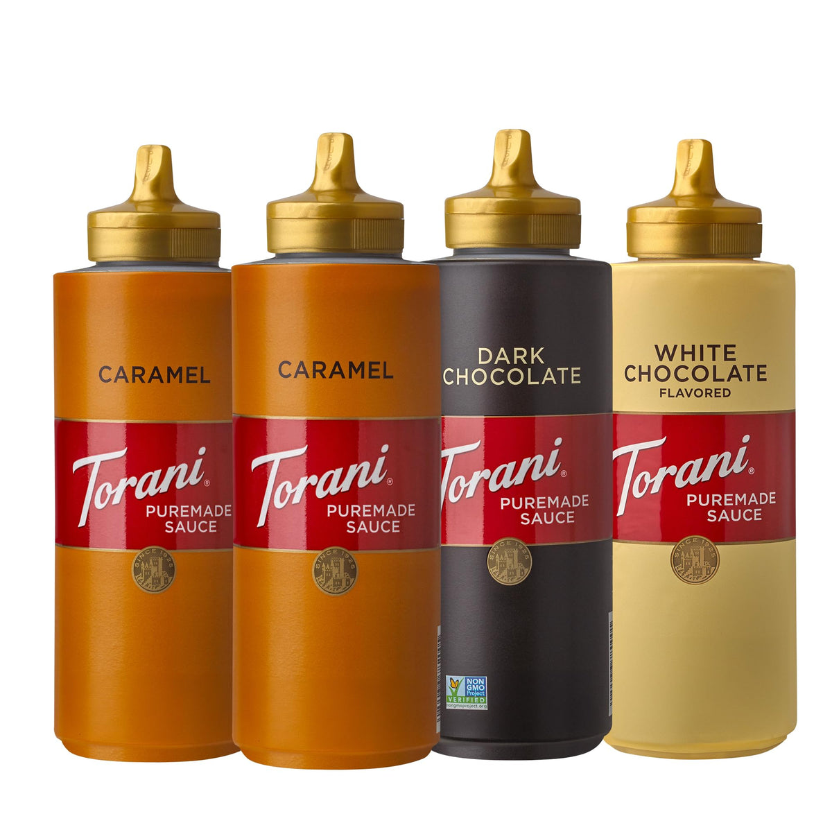 Torani Puremade Dessert & Drink Sauce Variety Pack – Dark Chocolate, White Chocolate & Caramel (16.5 fl oz x4)