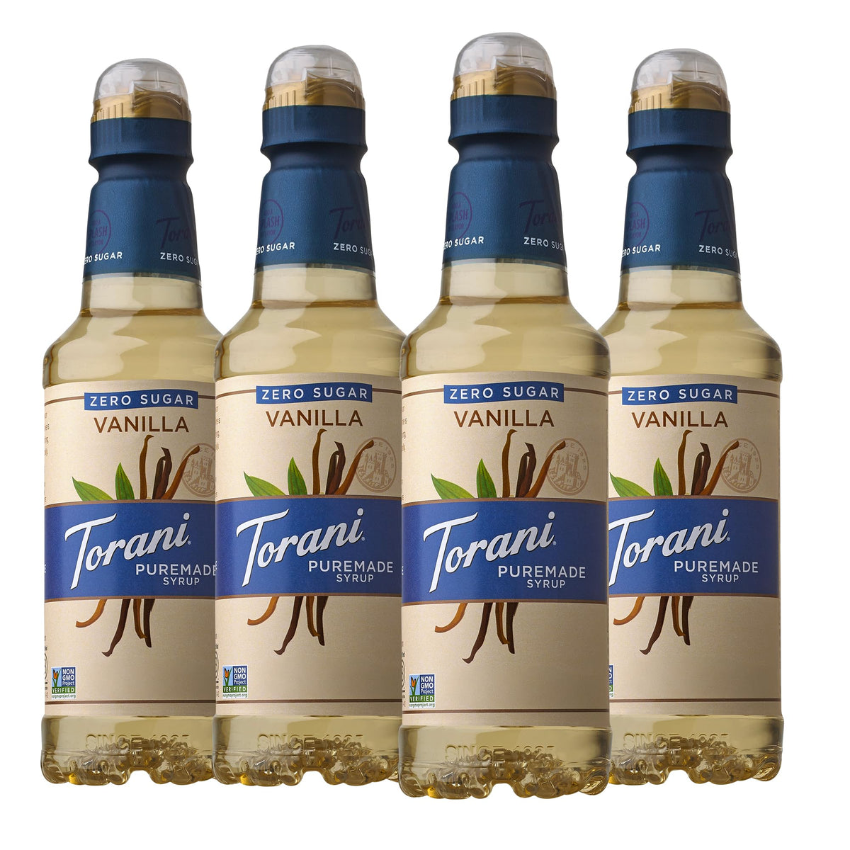Torani Puremade Vanilla Syrup — Zero Sugar, No Artificial Colors or Preservatives, Kosher, Gluten Free & Non-GMO (375ml x4)