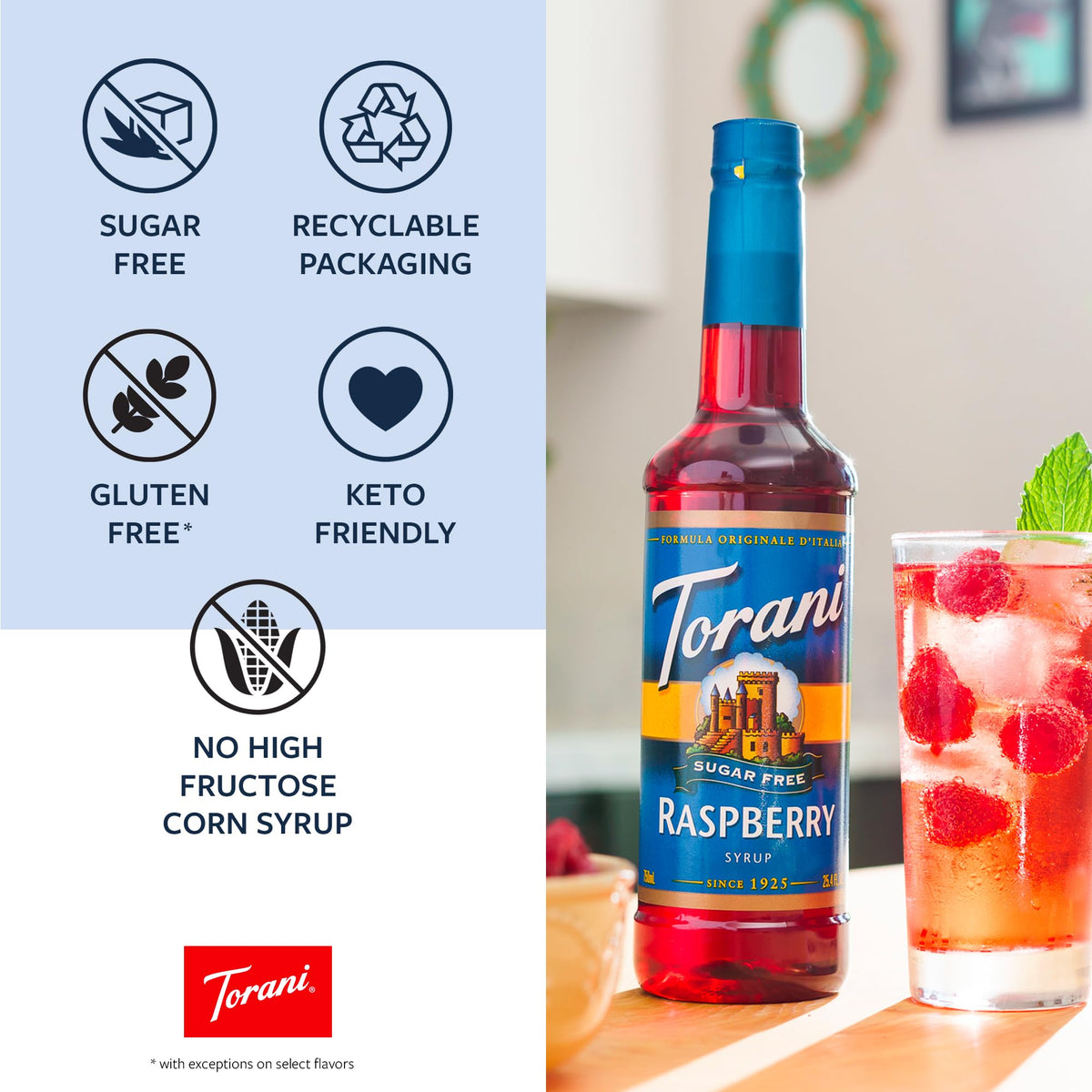 Torani Sugar Free Raspberry Syrup, 25.4 oz (Pack of 4) | Zero Calories, Keto Friendly