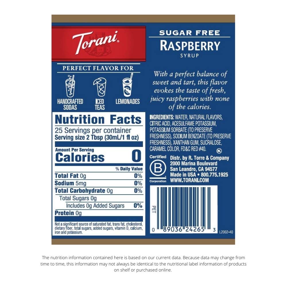 Torani Sugar Free Raspberry Syrup, 25.4 oz (Pack of 4) | Zero Calories, Keto Friendly