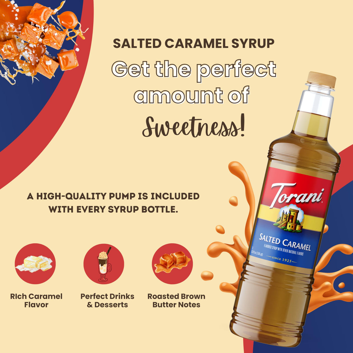 Torani Salted Caramel Flavoring Syrup – 1L Bottle with Pump Dispenser