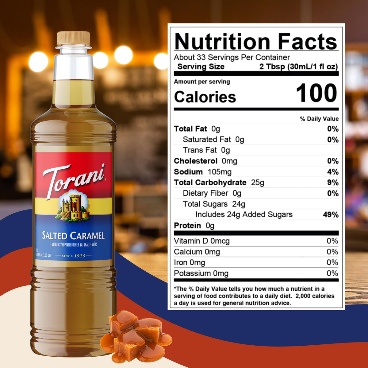 Torani Salted Caramel Flavoring Syrup – 1L Bottle with Pump Dispenser