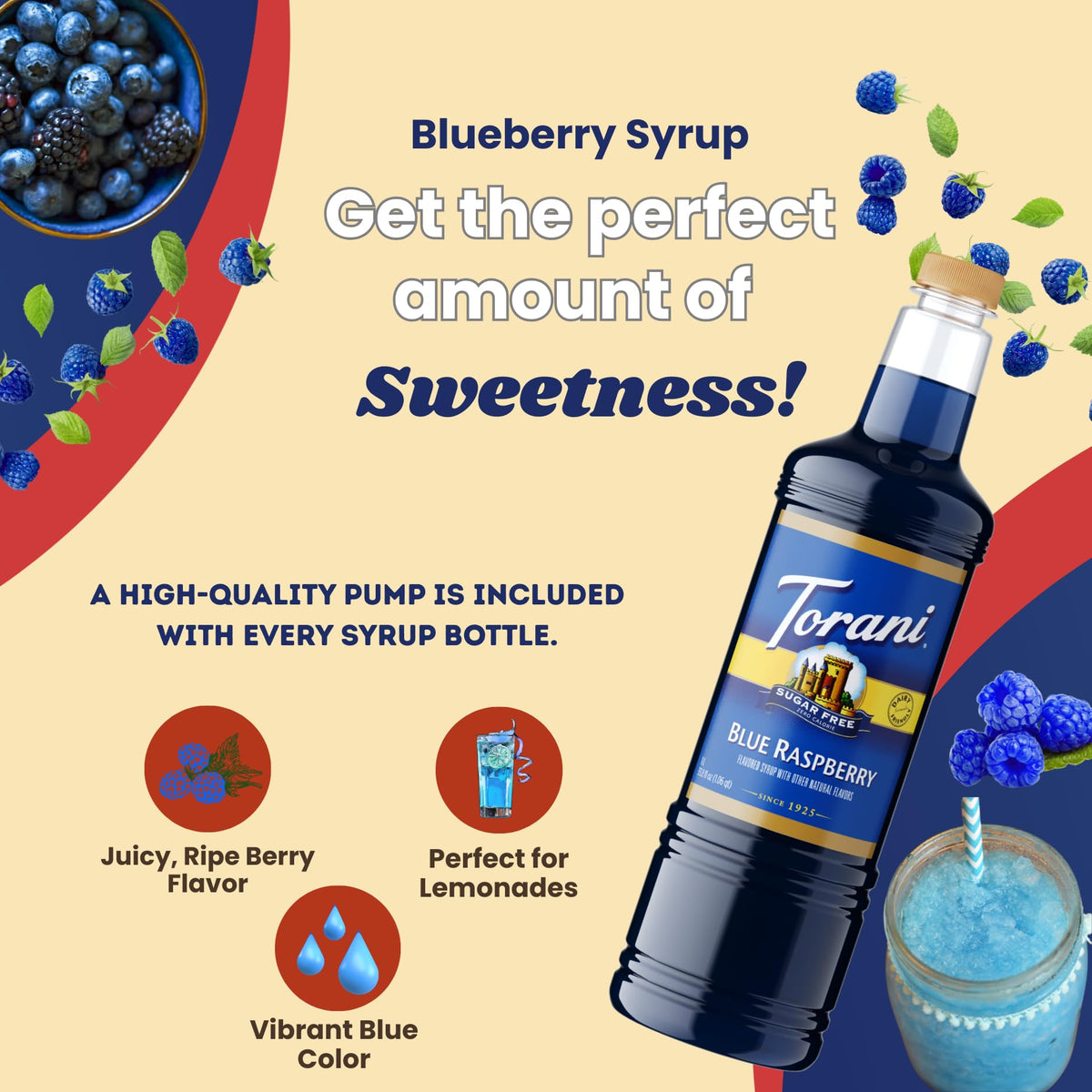 Torani Sugar Free Blue Raspberry Syrup 1 Liter with Pump – Keto, Zero Calorie, Low Carb