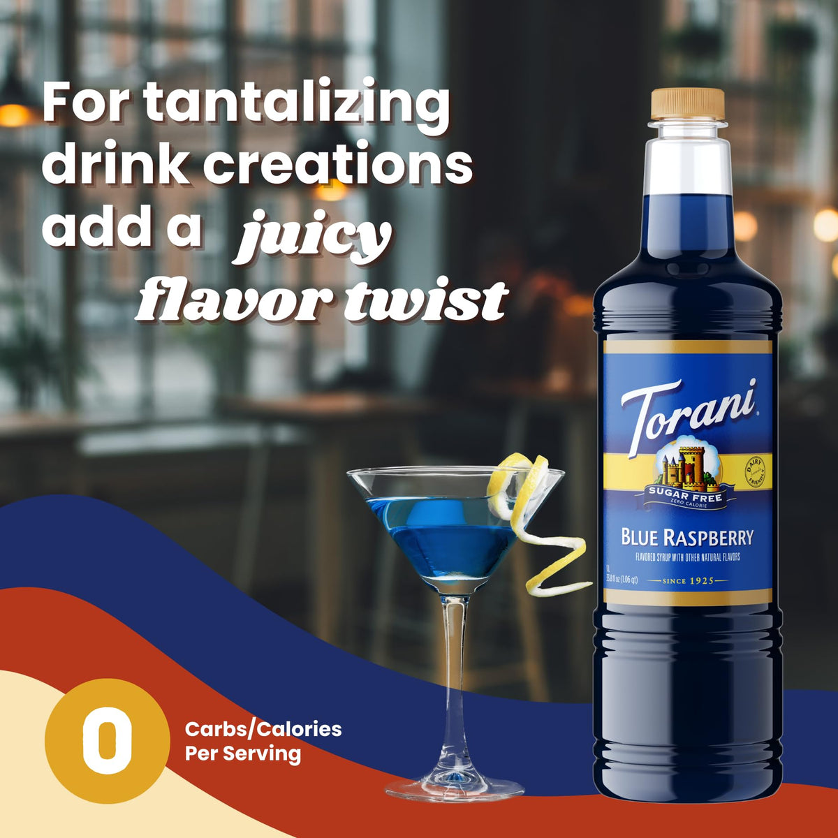 Torani Sugar Free Blue Raspberry Syrup 1 Liter with Pump – Keto, Zero Calorie, Low Carb