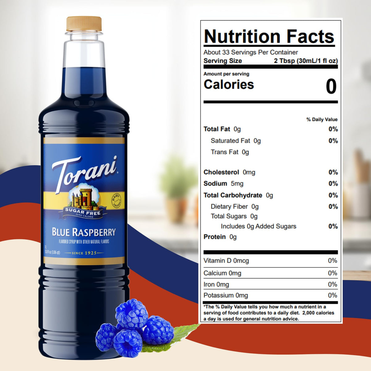 Torani Sugar Free Blue Raspberry Syrup 1 Liter with Pump – Keto, Zero Calorie, Low Carb