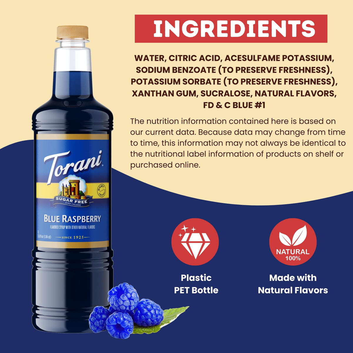Torani Sugar Free Blue Raspberry Syrup 1 Liter with Pump – Keto, Zero Calorie, Low Carb