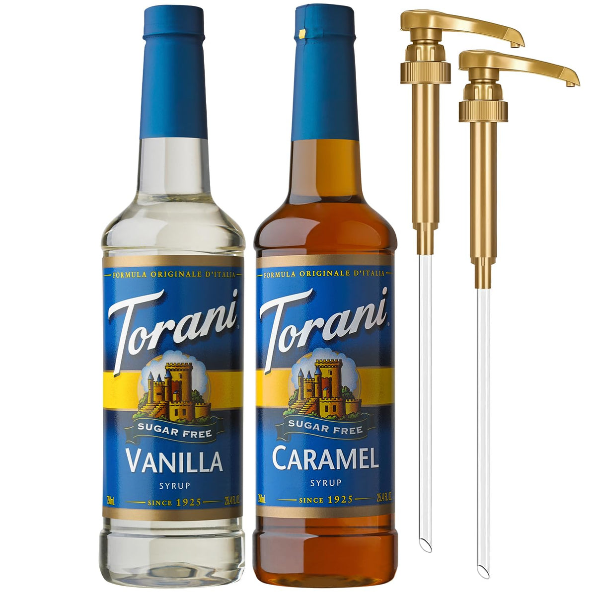 Torani Sugar Free Caramel & Vanilla Syrup 2-Pack — Pumps Included, 25.4 oz Each