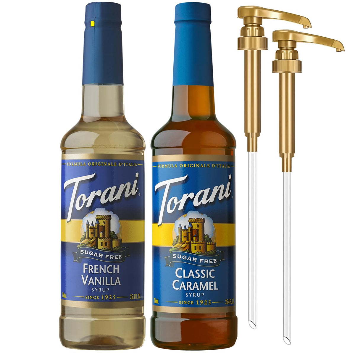 Torani Sugar Free Classic Caramel & French Vanilla Syrup 2-Pack – 750ml Each | Pumps Included