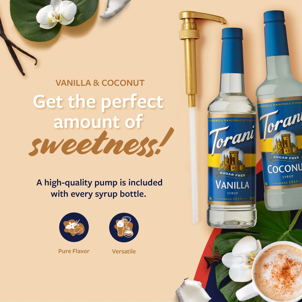 Torani Sugar Free Coconut & Vanilla Syrup 2-Pack with Pumps — 25.4 oz Each