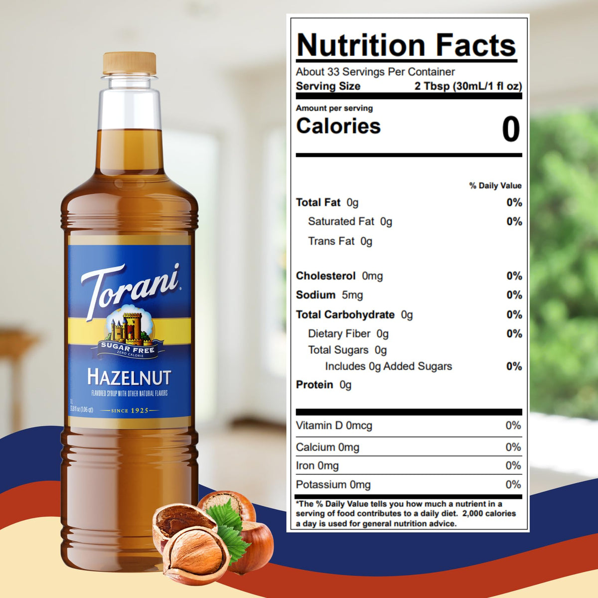 Torani Sugar Free Hazelnut Syrup – 1 L with Pump | Zero Calories, Keto & Diabetic Friendly