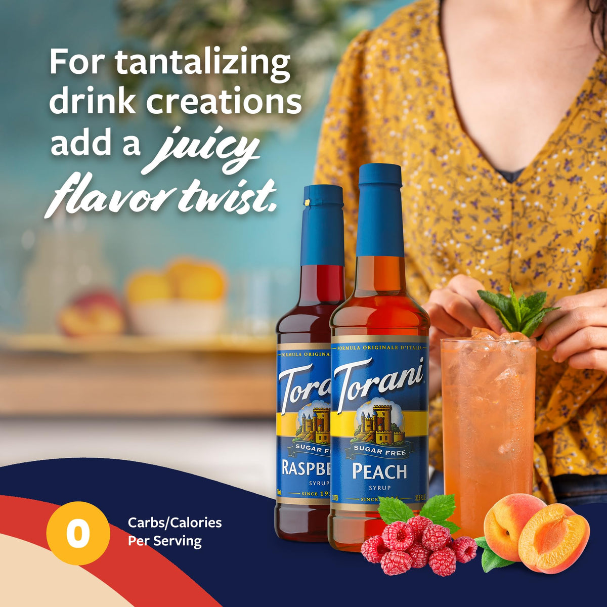 Torani Sugar Free Raspberry & Peach Syrup 2-Pack with Pumps – 750 ml Each