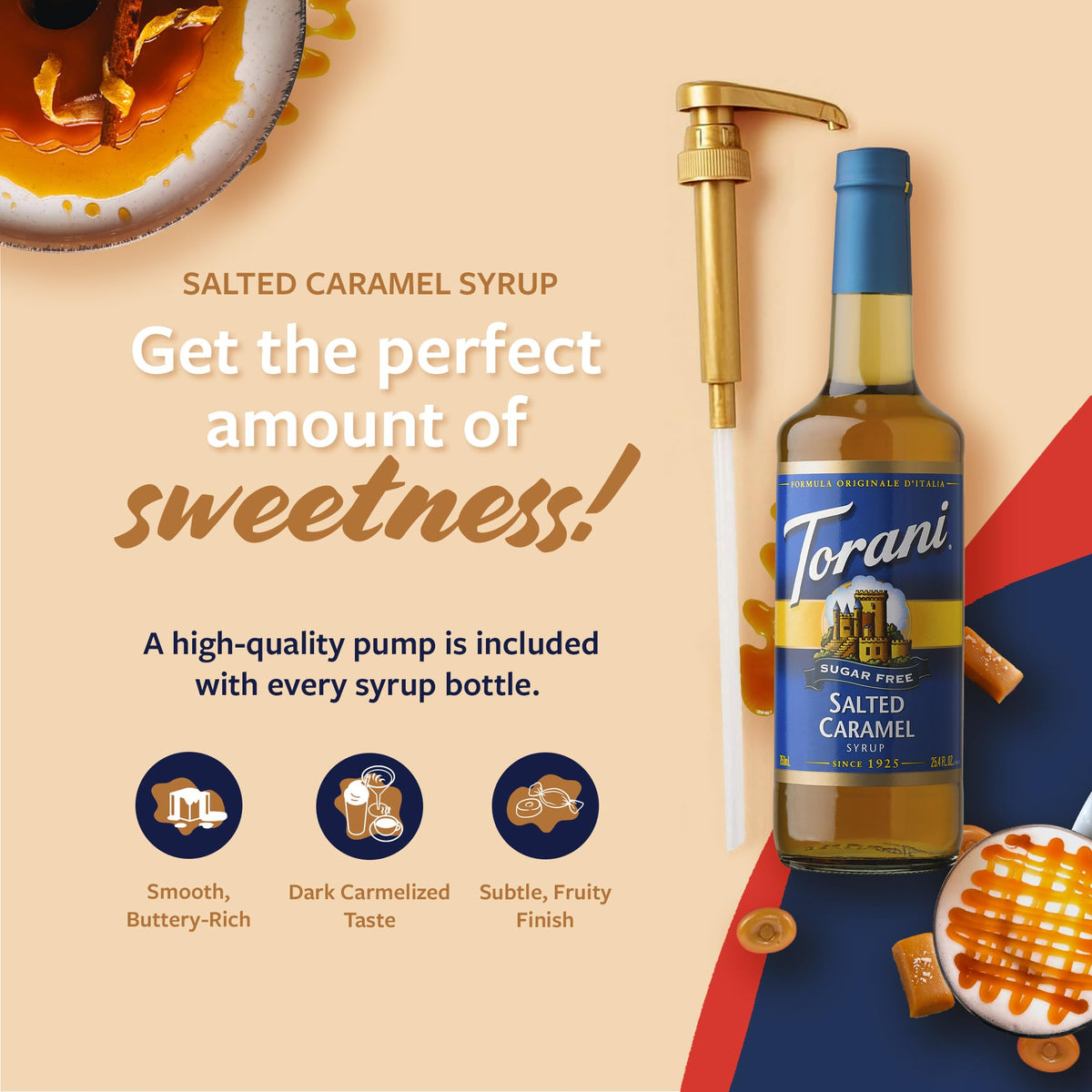 Torani Sugar Free Salted Caramel Syrup 3-Pack — Zero-Calorie Flavoring with Pumps (25.4 Fl Oz Each)