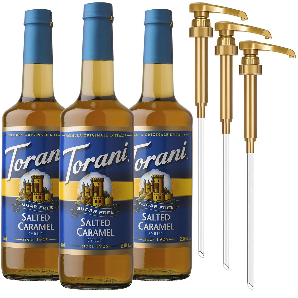 Torani Sugar Free Salted Caramel Syrup 3-Pack — Zero-Calorie Flavoring with Pumps (25.4 Fl Oz Each)