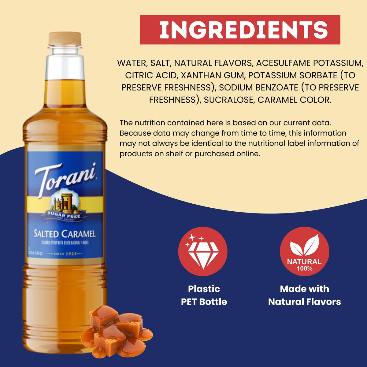 Torani Sugar Free Salted Caramel Syrup 1L Bottle with Pump – Zero Calorie Keto Coffee Syrup