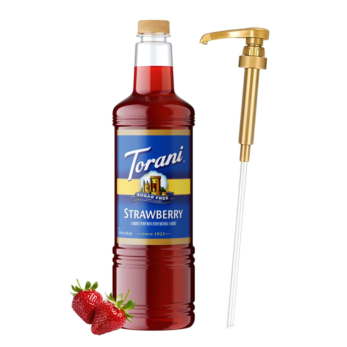 Torani Sugar Free Strawberry Syrup 1 Liter Bottle with Pump – Zero Calorie Keto-Friendly Flavoring