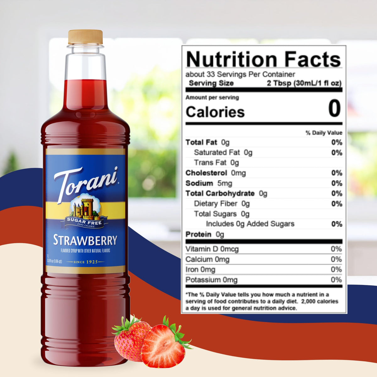 Torani Sugar Free Strawberry Syrup 1 Liter Bottle with Pump – Zero Calorie Keto-Friendly Flavoring