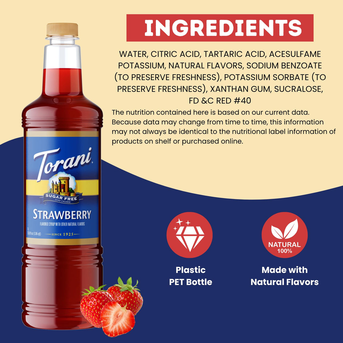 Torani Sugar Free Strawberry Syrup 1 Liter Bottle with Pump – Zero Calorie Keto-Friendly Flavoring