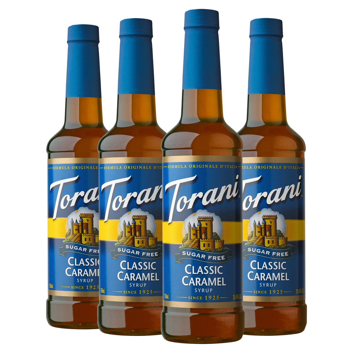Torani Sugar Free Syrup, Classic Caramel — 25.4 oz | Pack of 4 | Zero Calorie Flavor for Coffee, Tea, and More